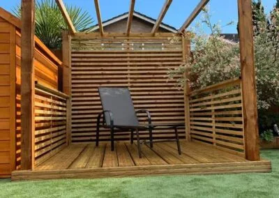 Sheltered timber seating area with screening